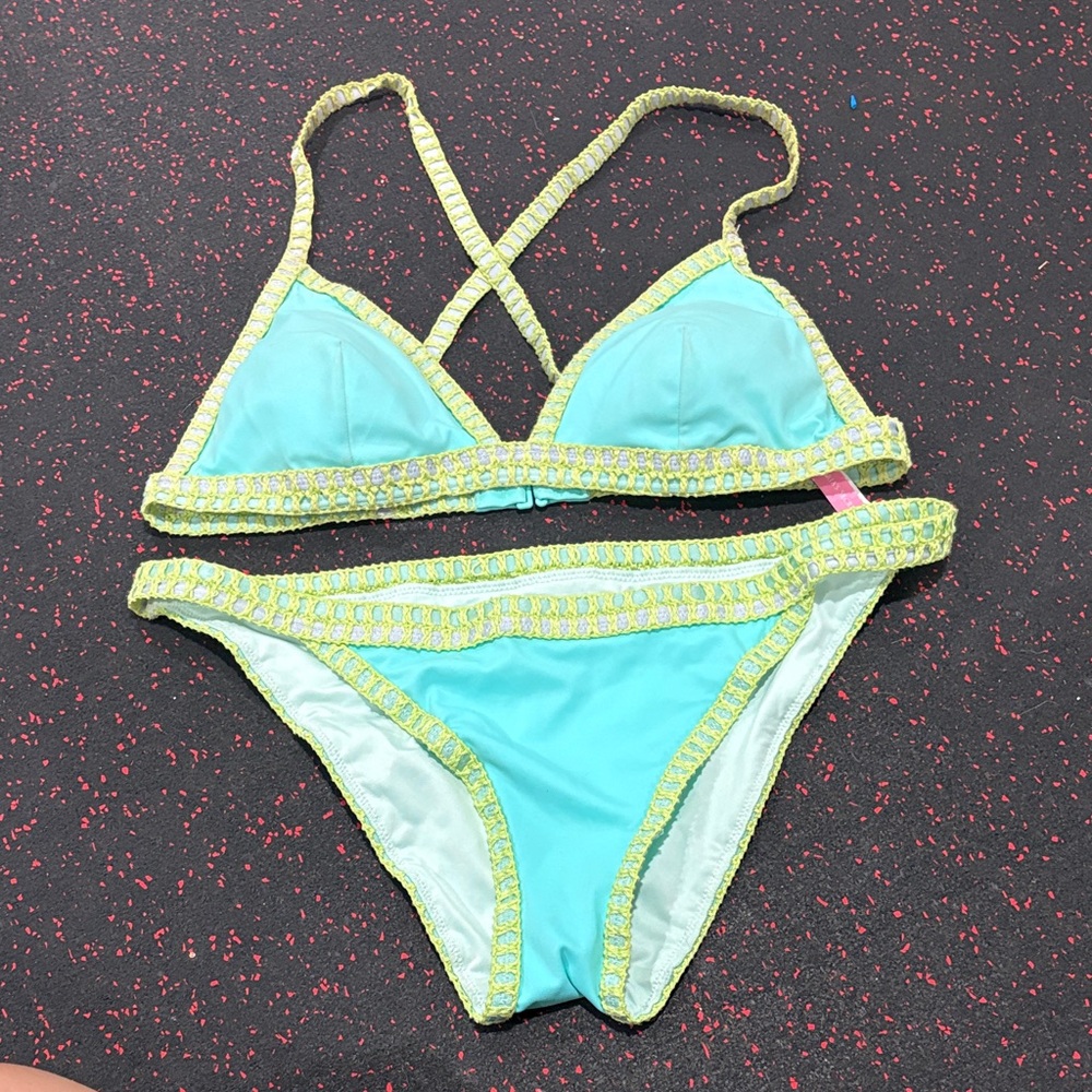 Vibrant Turquoise Bikini with Green Trim